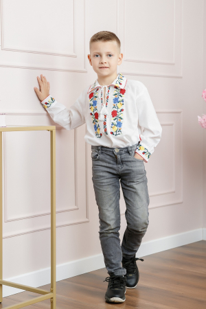 Camasa traditionala de baieti alba cu motiv floral tricolor Ionut [3]