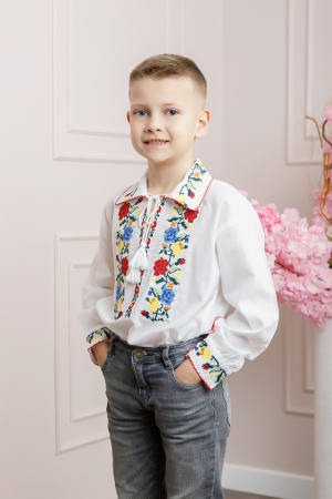 Imbracaminte Baieti - Camasa traditionala de baieti alba cu motiv floral tricolor Ionut