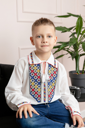 Camasa traditionala de baieti alba cu motiv floral tricolor Raul [2]