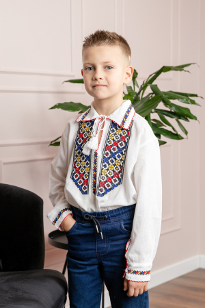 Imbracaminte Baieti - Camasa traditionala de baieti alba cu motiv floral tricolor Raul