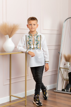Camasa traditionala de baieti alba cu motiv floral verde Dominic 04 [2]