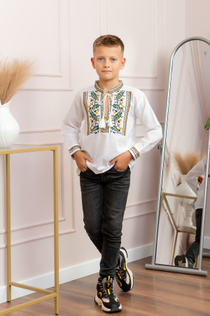 Camasa traditionala de baieti alba cu motiv floral verde Dominic 04 [3]