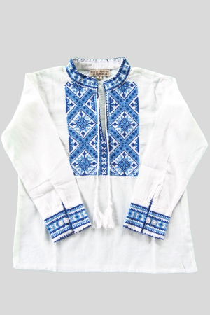 Imbracaminte copii - Camasa traditionala de baieti alba cu motiv geometric albastru Andreas