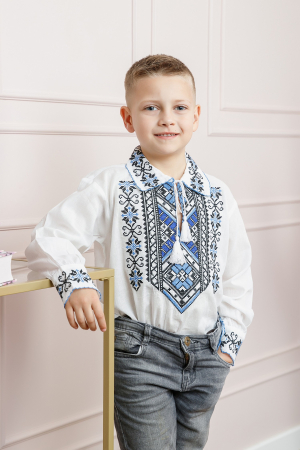 Camasa traditionala de baieti alba cu motiv geometric albastru Arthur [0]