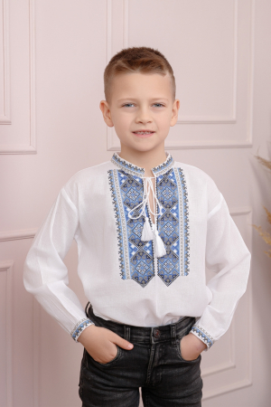 Camasa traditionala de baieti alba cu motiv geometric albastru Aurelian [0]