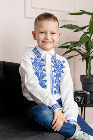 Imbracaminte copii - Camasa traditionala de baieti alba cu motiv geometric albastru Bogdan 02