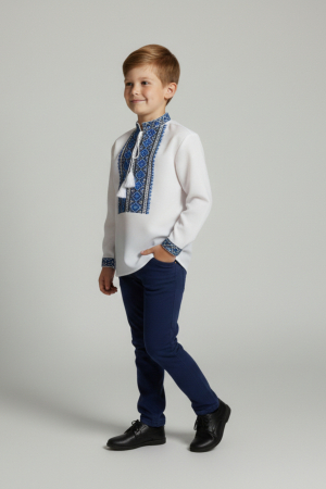 Camasa traditionala de baieti alba cu motiv geometric albastru Daniel 02 [2]