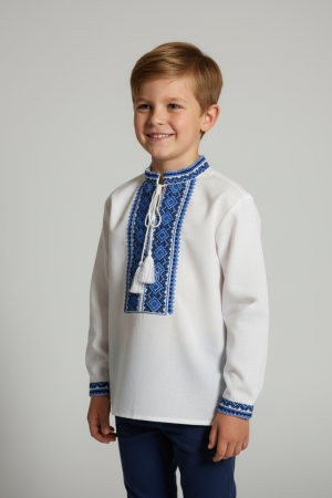 Imbracaminte Baieti - Camasa traditionala de baieti alba cu motiv geometric albastru Daniel 02