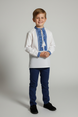 Camasa traditionala de baieti alba cu motiv geometric albastru Daniel 02 [1]