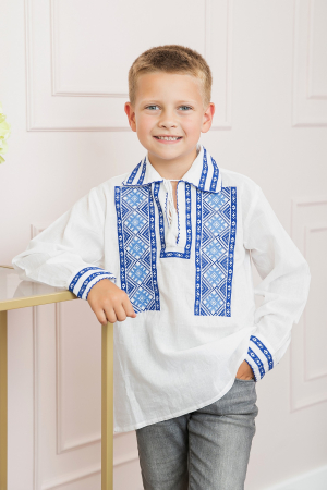 Camasa traditionala de baieti alba cu motiv geometric albastru Eduard [0]
