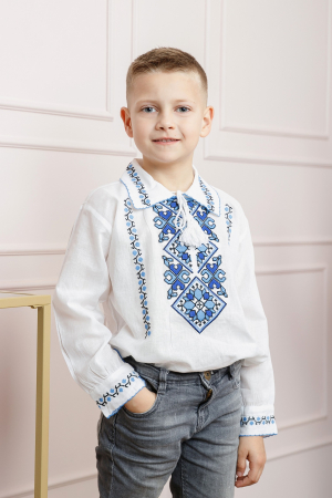 Imbracaminte copii - Camasa traditionala de baieti alba cu motiv geometric albastru Emil
