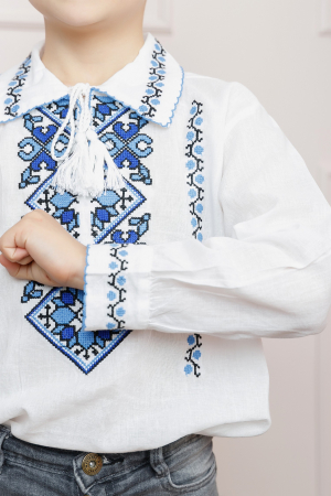 Camasa traditionala de baieti alba cu motiv geometric albastru Emil [1]