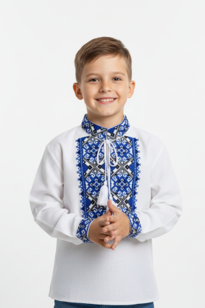 Imbracaminte Baieti - Camasa traditionala de baieti alba cu motiv geometric albastru Ioan