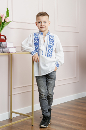 Camasa traditionala de baieti alba cu motiv geometric albastru Ionas [3]