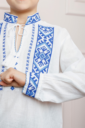 Camasa traditionala de baieti alba cu motiv geometric albastru Ionas [1]