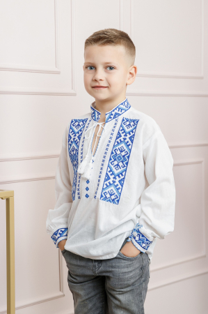 Camasa traditionala de baieti alba cu motiv geometric albastru Ionas [2]