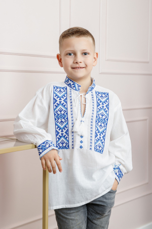Camasa traditionala de baieti alba cu motiv geometric albastru Ionas [0]