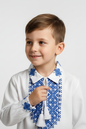 Camasa traditionala de baieti alba cu motiv geometric albastru Iosif [1]