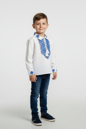 Camasa traditionala de baieti alba cu motiv geometric albastru Iosif [2]