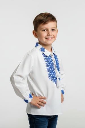 Imbracaminte Baieti - Camasa traditionala de baieti alba cu motiv geometric albastru Iosif