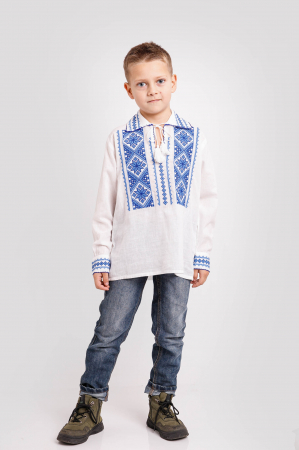 Camasa traditionala de baieti alba cu motiv geometric albastru Serban [3]