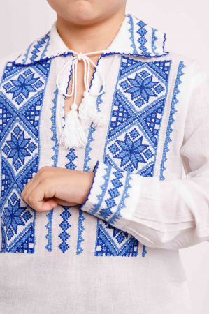 Camasa traditionala de baieti alba cu motiv geometric albastru Serban [1]