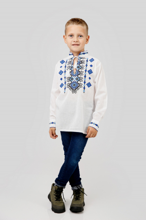 Camasa traditionala de baieti alba cu motiv geometric albastru Stefan 01 [3]
