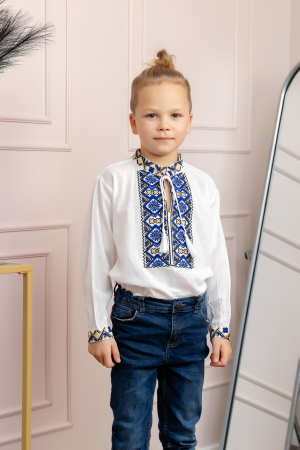 Camasa traditionala de baieti alba cu motiv geometric albastru Tiberiu 01 [2]