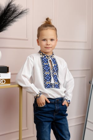 Imbracaminte Baieti - Camasa traditionala de baieti alba cu motiv geometric albastru Tiberiu 01