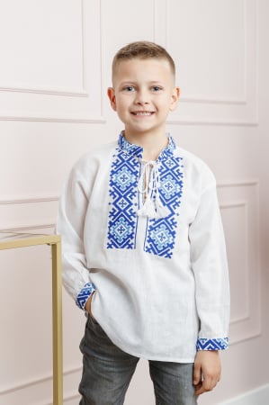Camasa traditionala de baieti alba cu motiv geometric albastru Victor [0]