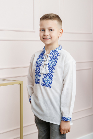 Camasa traditionala de baieti alba cu motiv geometric albastru Victor [2]