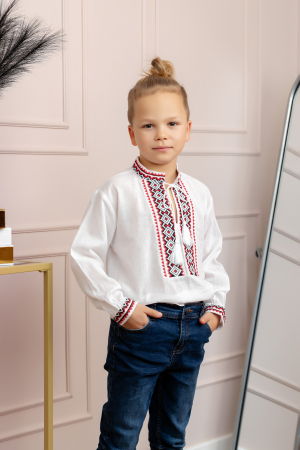 Imbracaminte Baieti - Camasa traditionala de baieti alba cu motiv geometric rosu Daniel 01