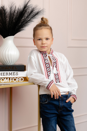 Camasa traditionala de baieti alba cu motiv geometric rosu Daniel 01 [2]