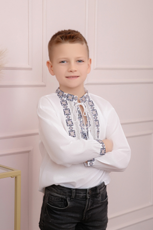 Imbracaminte Baieti - Camasa traditionala de baieti alba cu motiv geometric mov Mihnea
