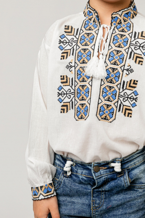 Camasa traditionala de baieti alba cu motiv geometric multicolor Iustin [2]