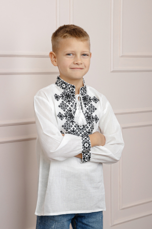 Camasa traditionala de baieti alba cu motiv geometric negru Filip 01 [0]