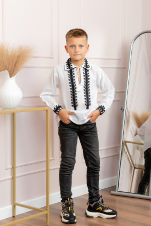Camasa traditionala de baieti alba cu motiv geometric negru Ivan [3]