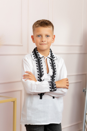 Imbracaminte Baieti - Camasa traditionala de baieti alba cu motiv geometric negru Ivan