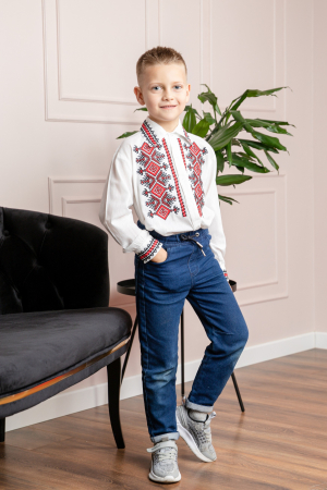 Camasa traditionala de baieti alba cu motiv geometric rosu Bogdan 01 [3]