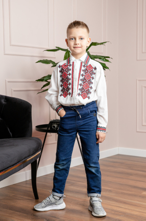 Camasa traditionala de baieti alba cu motiv geometric rosu Bogdan 01 [4]