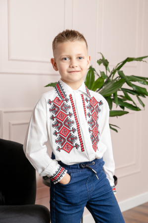 Camasa traditionala de baieti alba cu motiv geometric rosu Bogdan 01 [2]