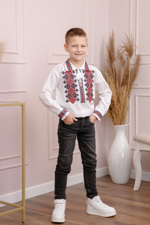 Camasa traditionala de baieti alba cu motiv geometric rosu Bogdan 03 [2]