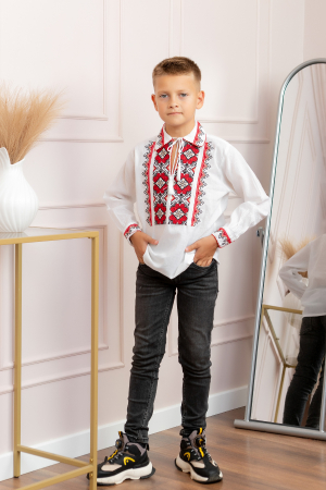 Camasa traditionala de baieti alba cu motiv geometric rosu Catalin 02 [3]