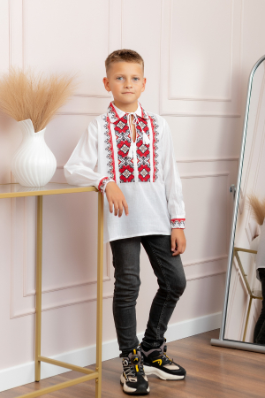 Camasa traditionala de baieti alba cu motiv geometric rosu Catalin 02 [2]