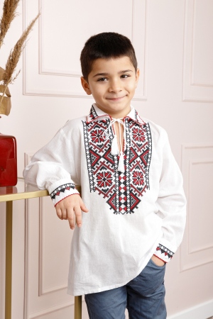 Camasa traditionala de baieti alba cu motiv geometric rosu Codrin 01 [0]