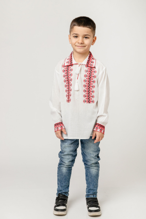 Camasa traditionala de baieti alba cu motiv geometric rosu David 01 [3]
