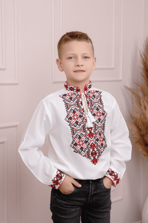 Imbracaminte copii - Camasa traditionala de baieti alba cu motiv geometric rosu Dorin