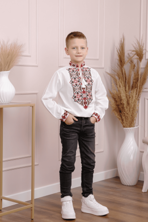 Camasa traditionala de baieti alba cu motiv geometric rosu Dorin [2]