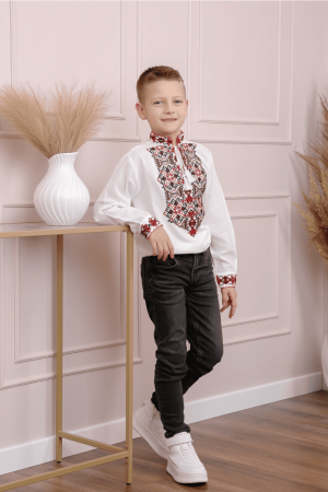 Camasa traditionala de baieti alba cu motiv geometric rosu Dorin [3]