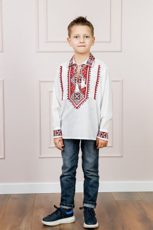 Camasa traditionala de baieti alba cu motiv geometric rosu Flavius 02 [3]